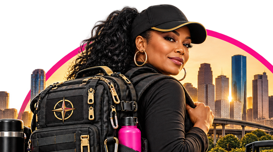BugOutReady artwork showing a Black woman with a compass-marked preparedness backpack against the city skyline