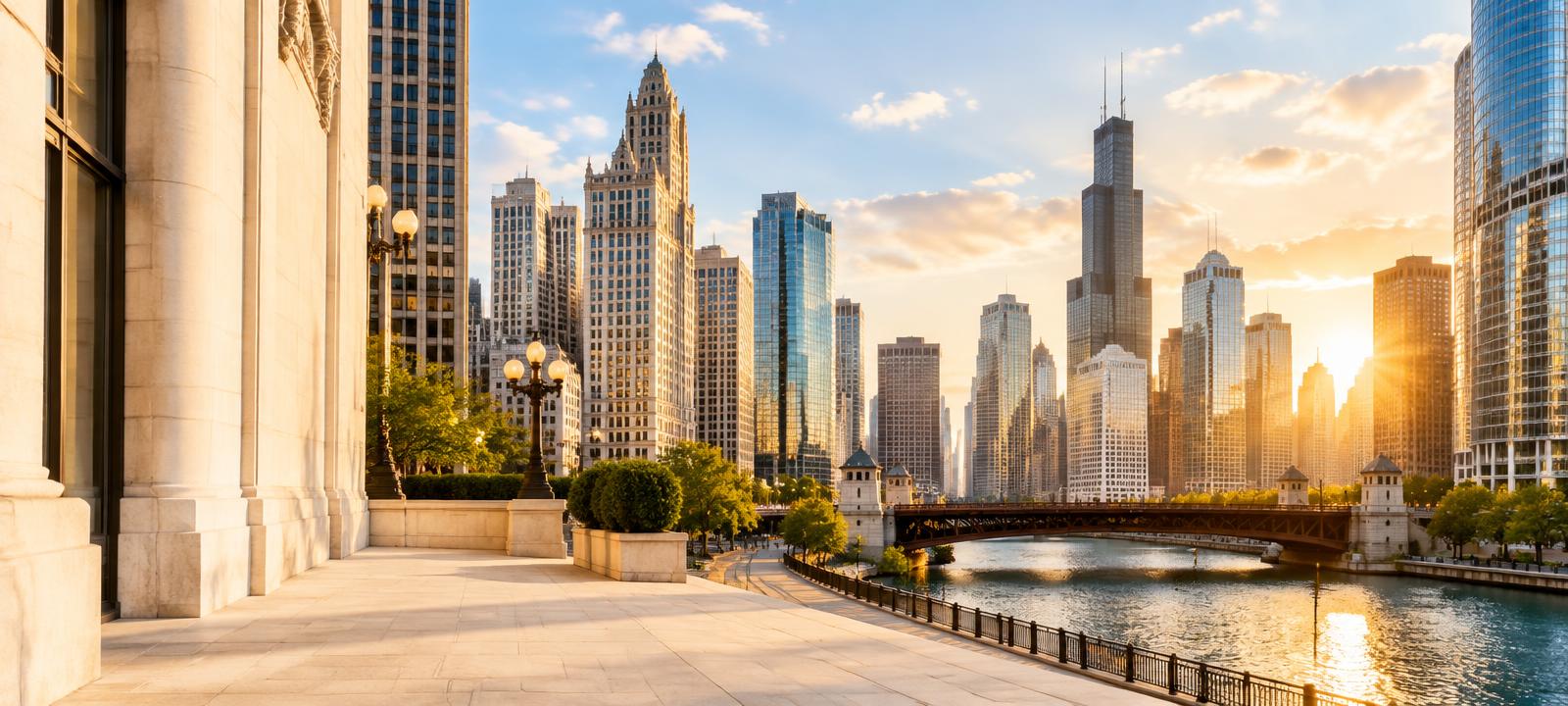 Sunlit urban city skyline